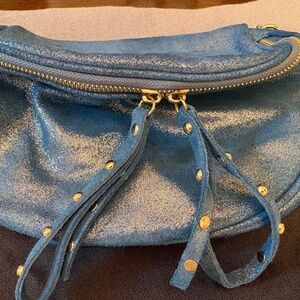 Metallic Blue Leather Crossbody Camera Bag — Canvas Luxe Strap — Voluminous — NW